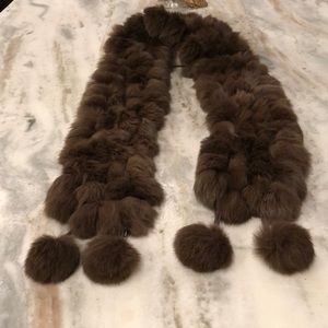 Dark Brown Rabbit Fur Pom Pom Scarf